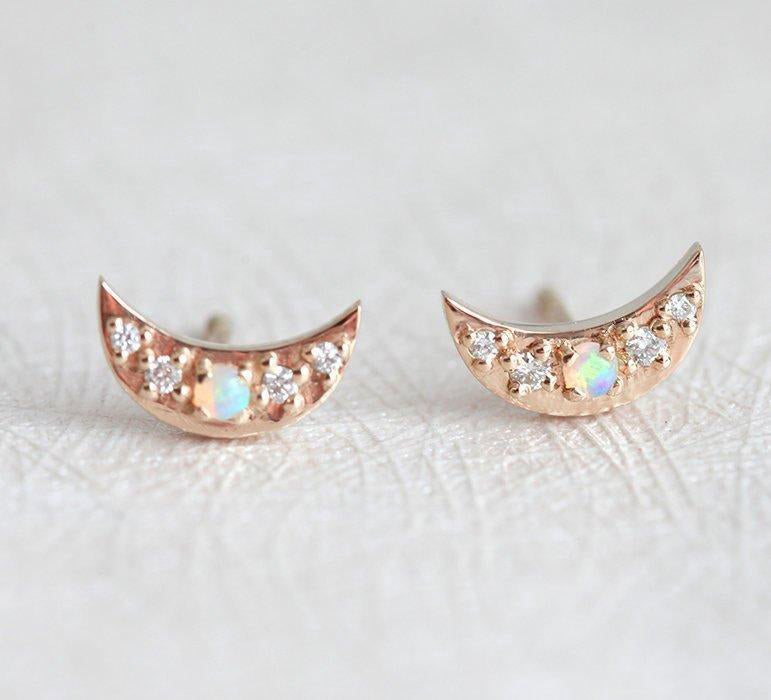 Crescent moon round white opal and diamond stud earrings