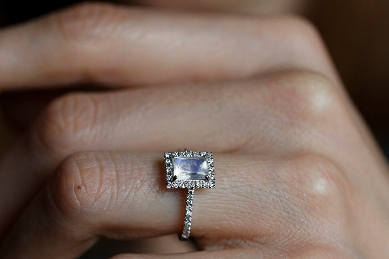 Baguette Moonstone Halo Engagement Ring with Round White Diamonds
