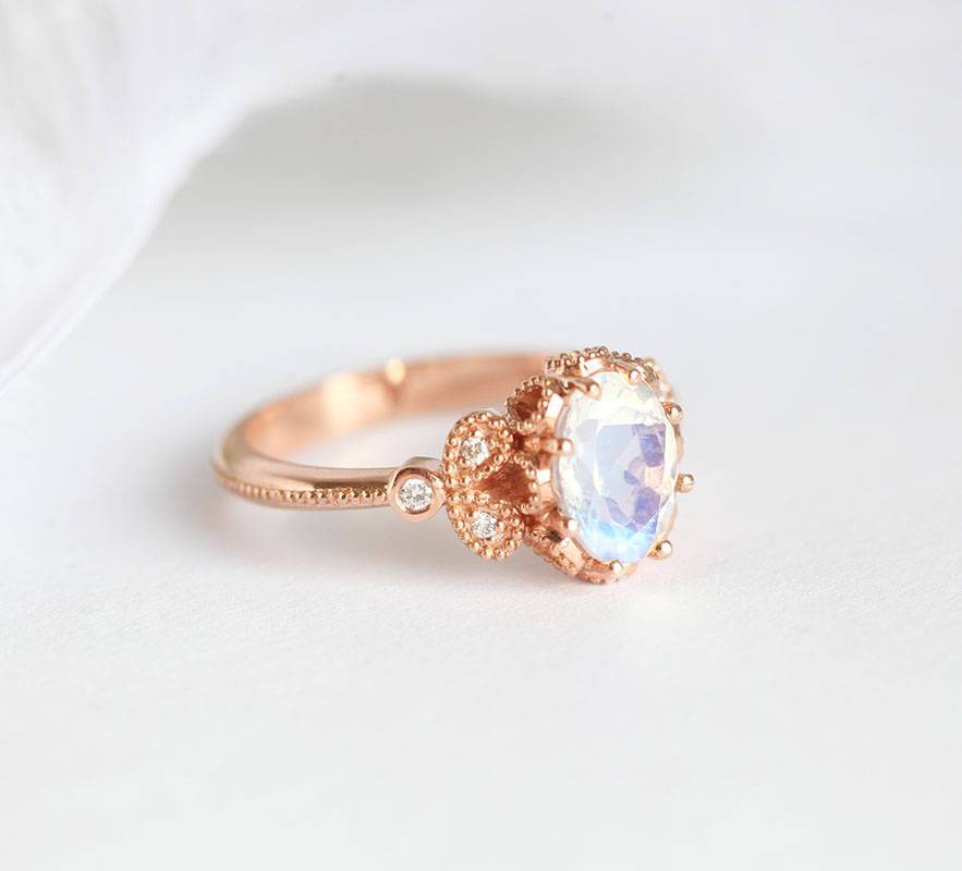 Vintage Oval Moonstone Engagement Ring with Side Round White Diamonds
