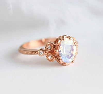 Vintage Oval Moonstone Engagement Ring with Side Round White Diamonds
