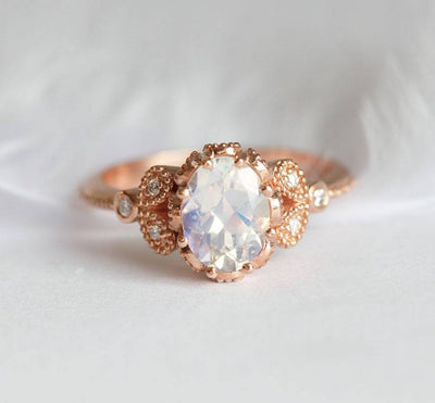 Vintage Oval Moonstone Engagement Ring with Side Round White Diamonds