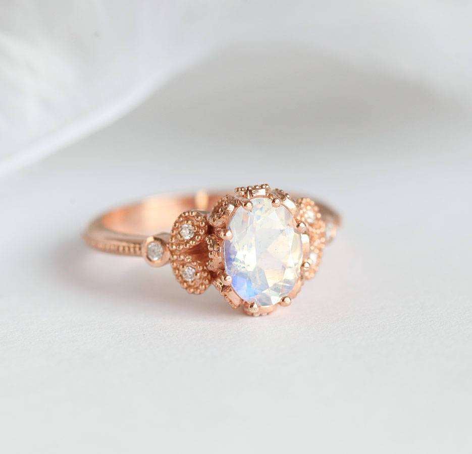 Vintage Oval Moonstone Engagement Ring with Side Round White Diamonds