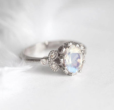 Vintage Oval Moonstone Engagement Ring with Side Round White Diamonds