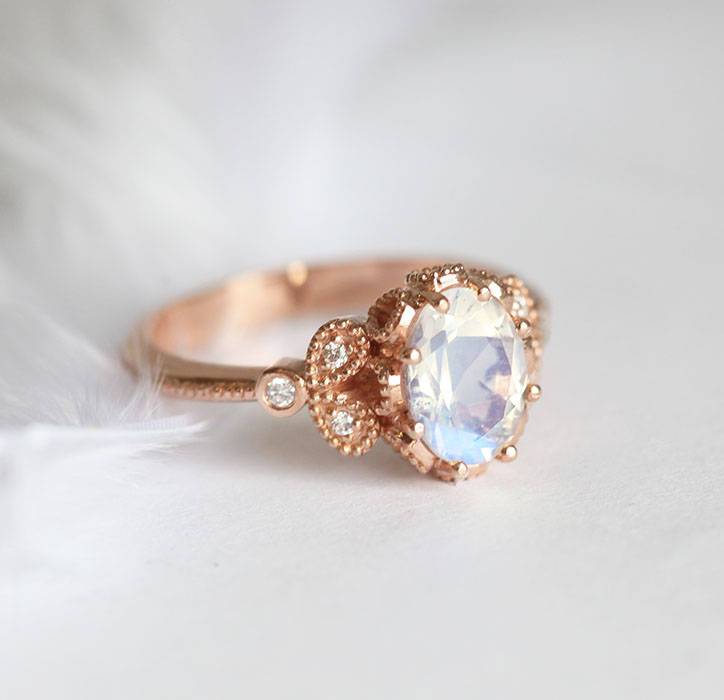 Vintage Oval Moonstone Engagement Ring with Side Round White Diamonds