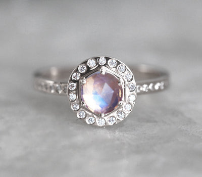 Pink Purple Hexagon Moonstone Halo Ring with Round White Diamonds