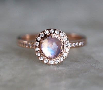 Pink Purple Hexagon Moonstone Halo Ring with Round White Diamonds