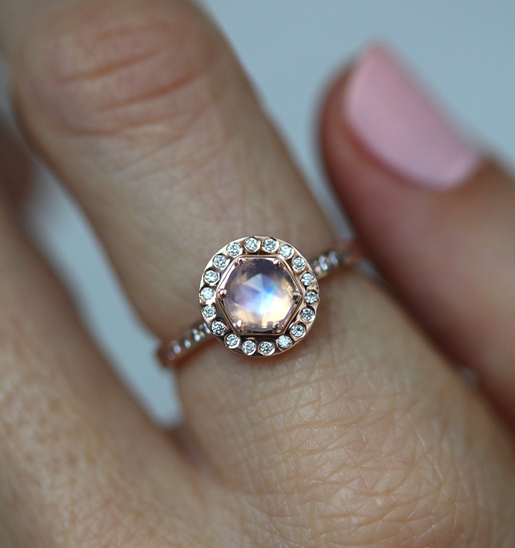 Pink Purple Hexagon Moonstone Halo Ring with Round White Diamonds