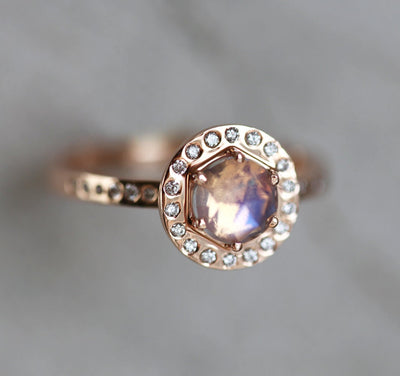 Pink Purple Hexagon Moonstone Halo Ring with Round White Diamonds