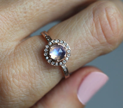 Pink Purple Hexagon Moonstone Halo Ring with Round White Diamonds