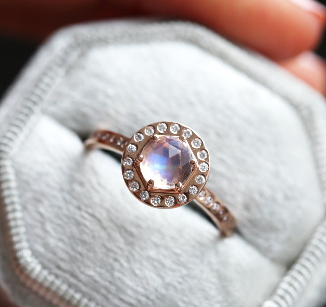 Pink Purple Hexagon Moonstone Halo Ring with Round White Diamonds