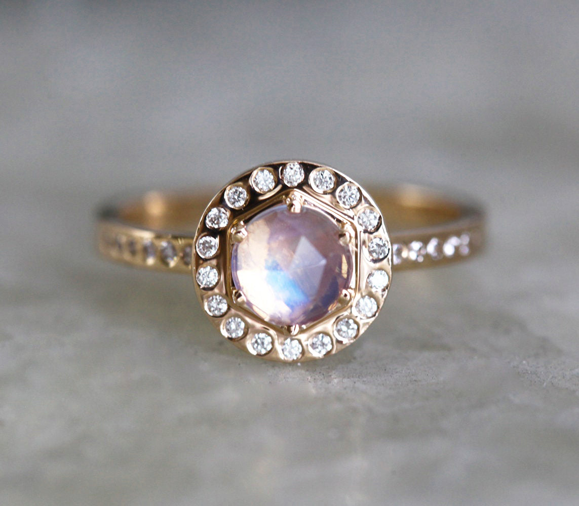 Pink Purple Hexagon Moonstone Halo Ring with Round White Diamonds