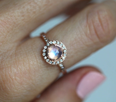 Pink Purple Hexagon Moonstone Halo Ring with Round White Diamonds