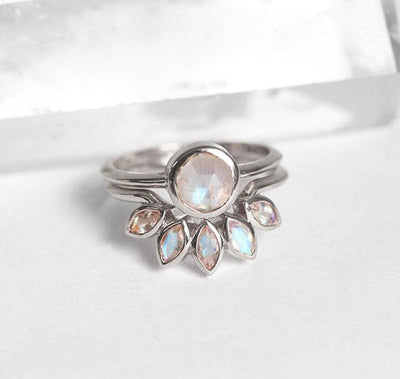 Round Moonstone Solitaire Ring with Marquise-Cut Moonstone Crown Band