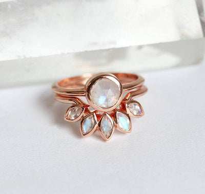 Round Moonstone Solitaire Ring with Marquise-Cut Moonstone Crown Band