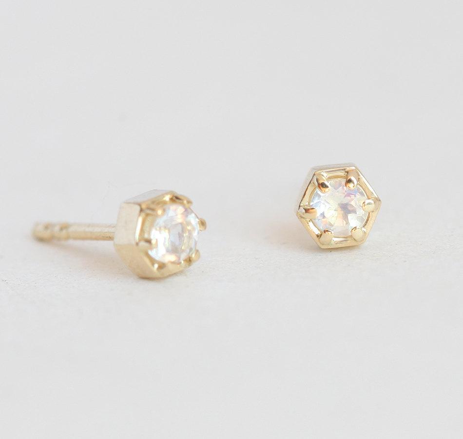 Round white moonstone stud earrings