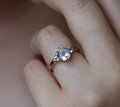 Round Moonstone Gold Wedding Band with main ring