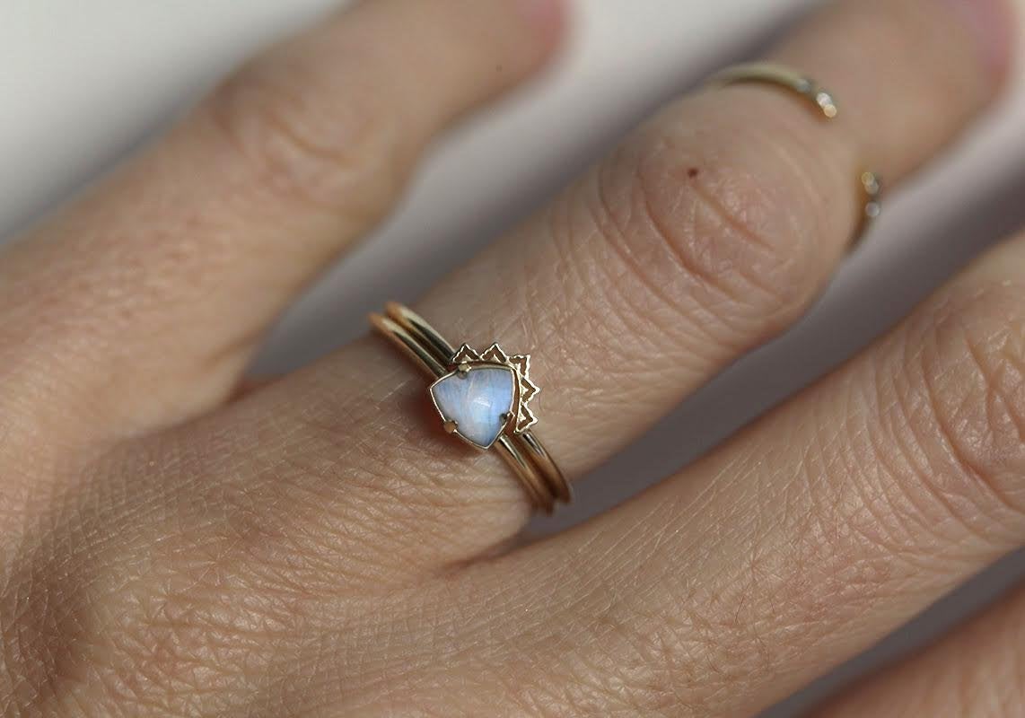 Trillion Cut Moonstone Solitaire Engagement Ring with Decorative Band