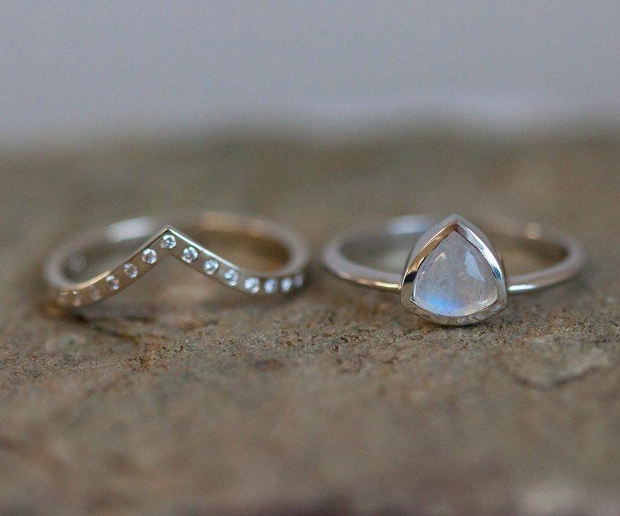 Trillion Cut Moonstone Wedding Ring Set with White Diamonds