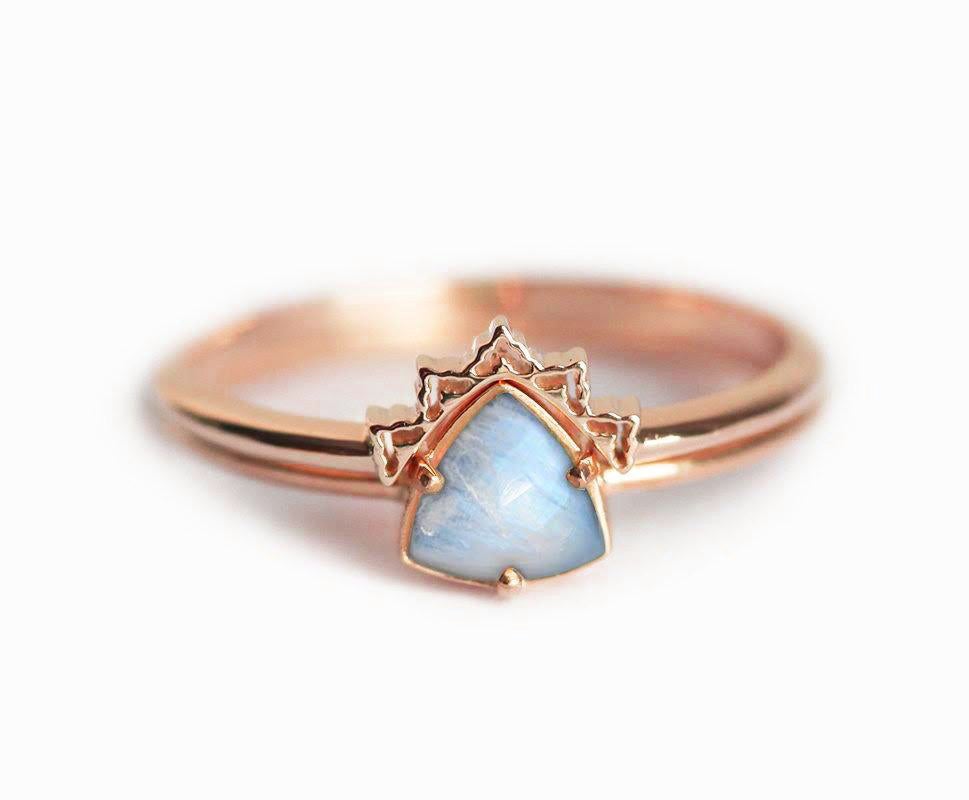 Trillion Cut Moonstone Solitaire Engagement Ring with Decorative Band