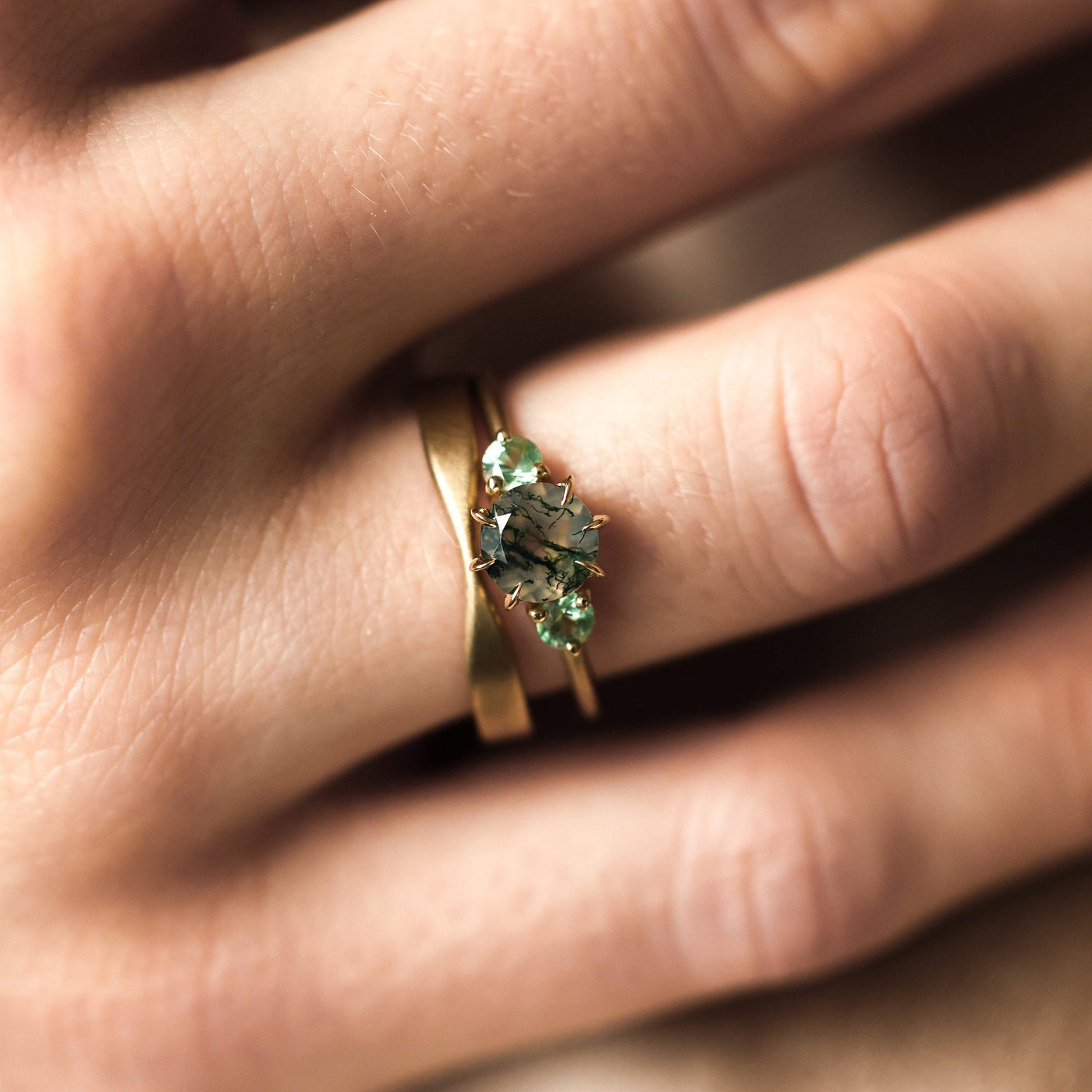 Moss agate wedding ring set - Capucinne