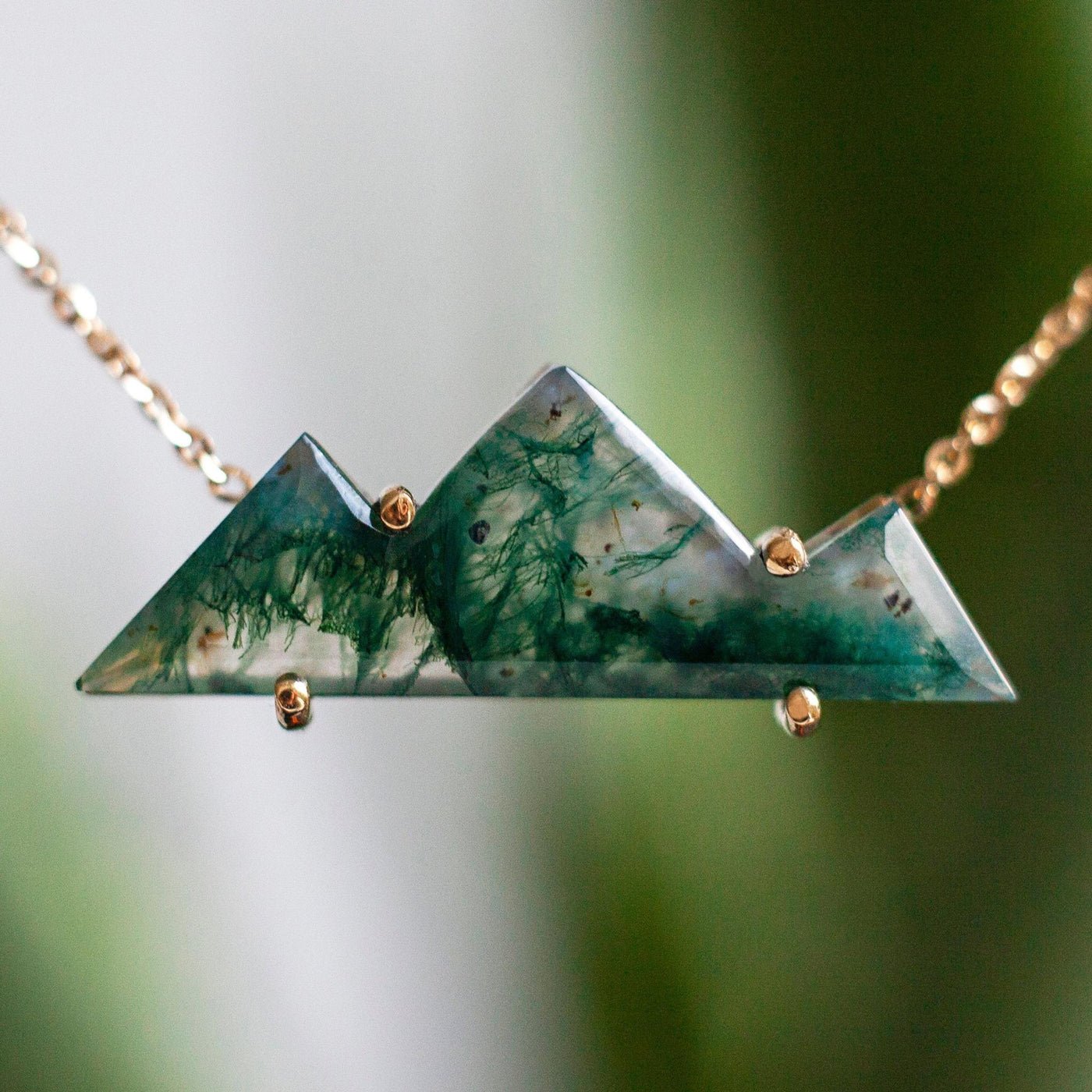 Three Top Mountain-Cut Moss Agate Necklace with Yellow Gold Chain
