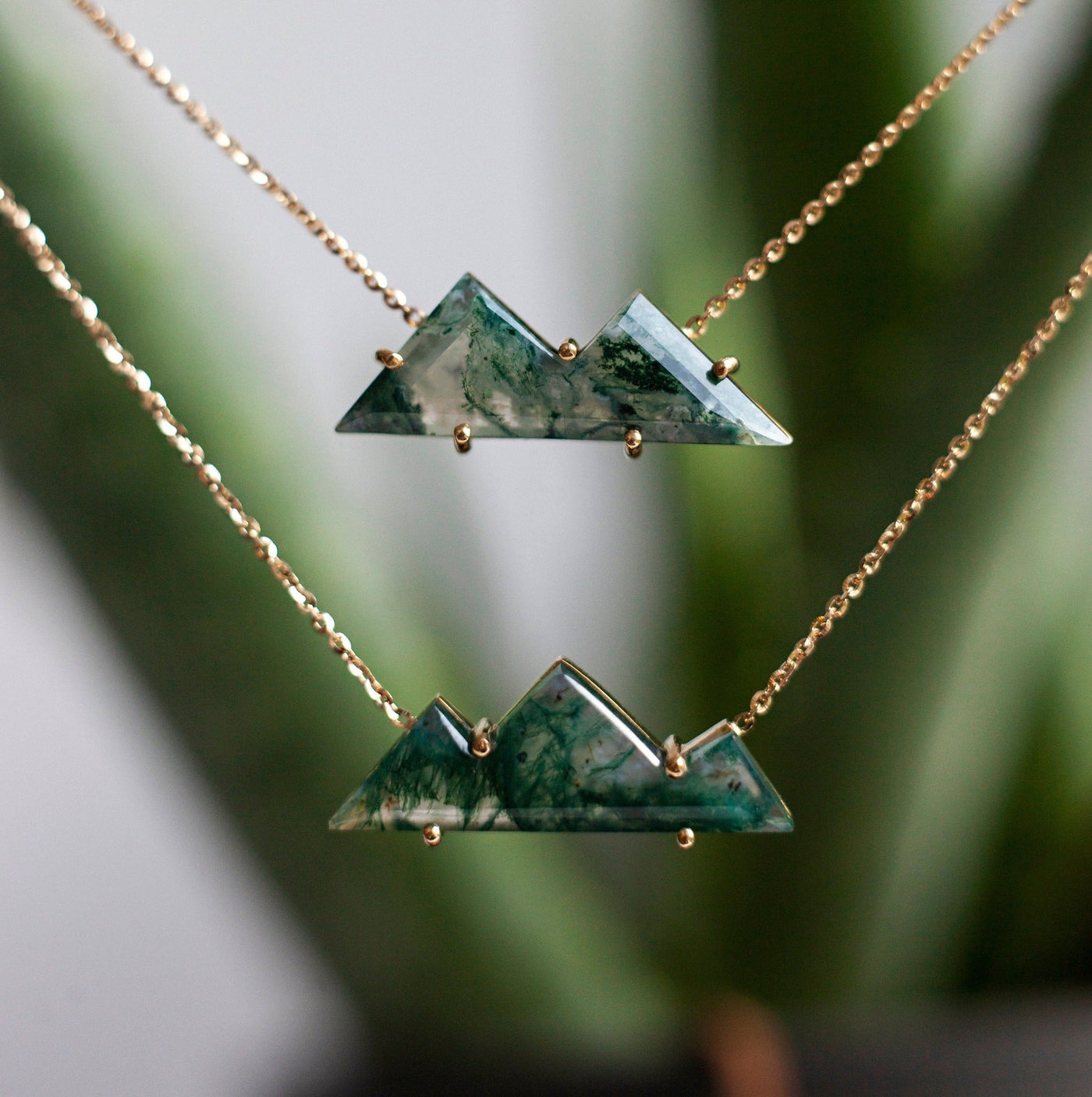 Two Top and Three Top Mountain-Cut Moss Agate Necklace with Yellow Gold Chain