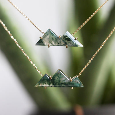 Two Top and Three Top Mountain-Cut Moss Agate Necklace with Yellow Gold Chain