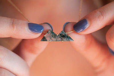 Two Top Mountain-Cut Moss Agate Necklace with Yellow Gold Chain
