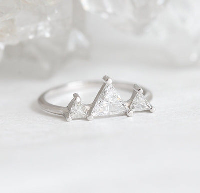 3 Triangle-shape Diamond Ring Set with Mountain-Top Resemblance and with White Diamonds Resembling Snow