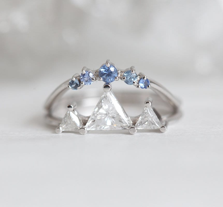 3 Triangle-shape Diamond Ring Set with Mountain-Top Resemblance and with White Diamonds Resembling Snow