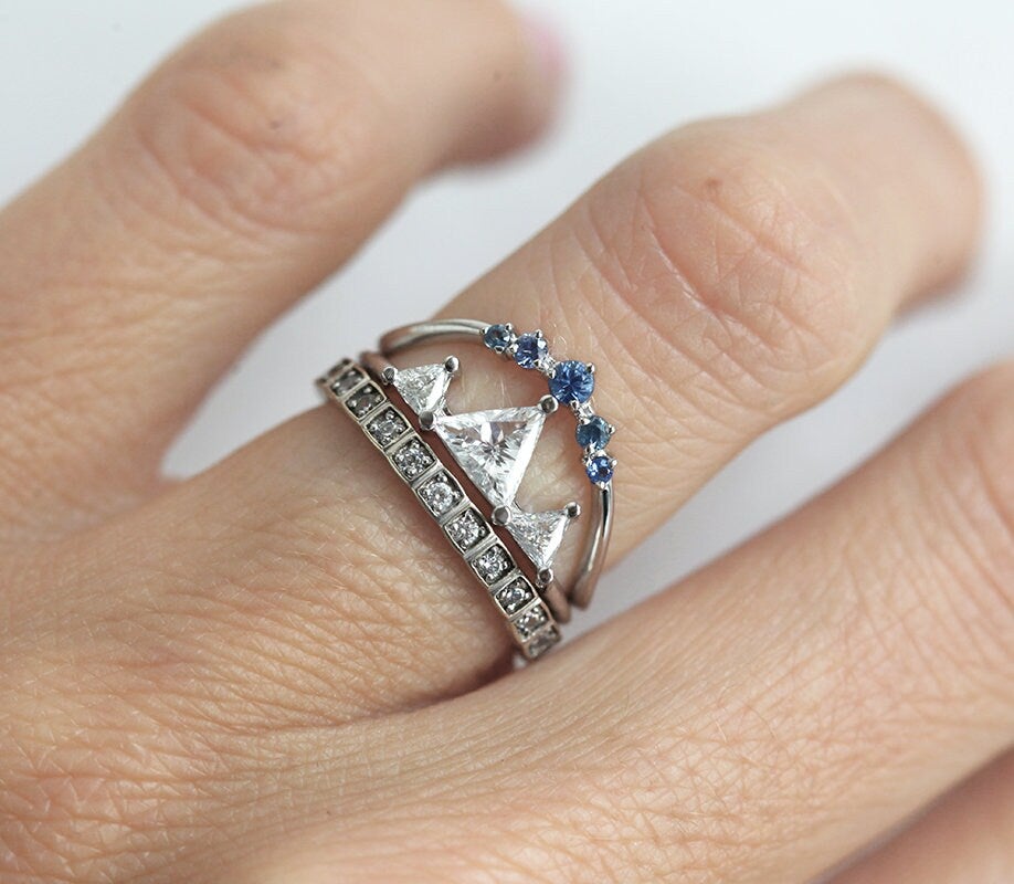 3 Triangle-shape Diamond Ring Set with Mountain-Top Resemblance and with White Diamonds Resembling Snow