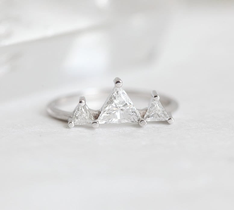 3 Triangle-shape Diamond Ring Set with Mountain-Top Resemblance and with White Diamonds Resembling Snow