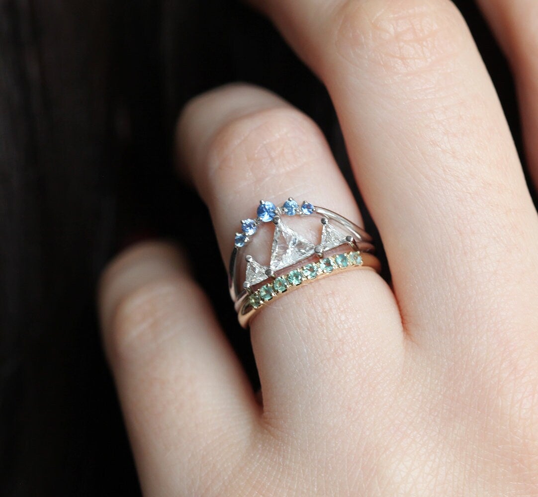 3 Triangle-shape Diamond Ring Set with Mountain-Top Resemblance and with Sapphires Resembling Snow