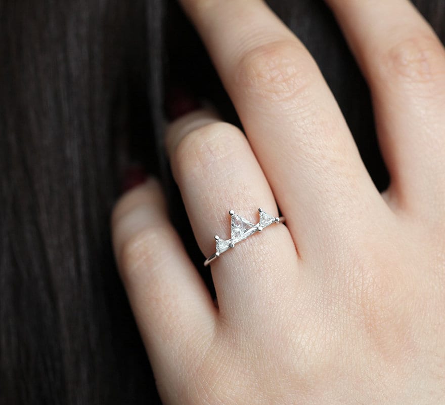 3 Triangle-shape Diamond Ring Set with Mountain-Top Resemblance and with White Diamonds Resembling Snow
