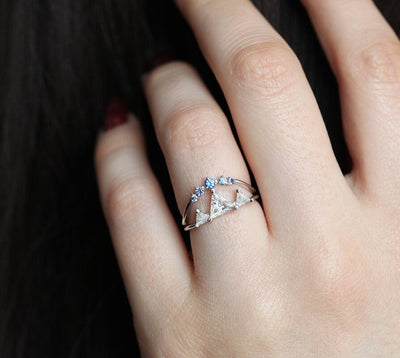 3 Triangle-shape Diamond Ring Set with Mountain-Top Resemblance and with White Diamonds Resembling Snow