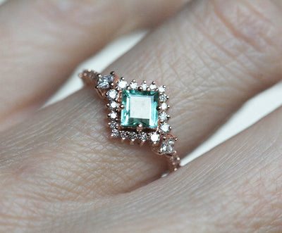 Paraiba Princess-Cut Tourmaline Cluster Ring with Side Princess-Cut and Round White Diamonds