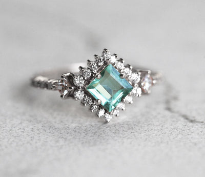 Paraiba Princess-Cut Tourmaline Cluster Ring with Side Princess-Cut and Round White Diamonds