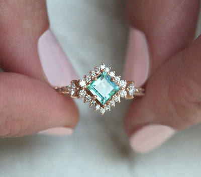 Paraiba Princess-Cut Tourmaline Cluster Ring with Side Princess-Cut and Round White Diamonds