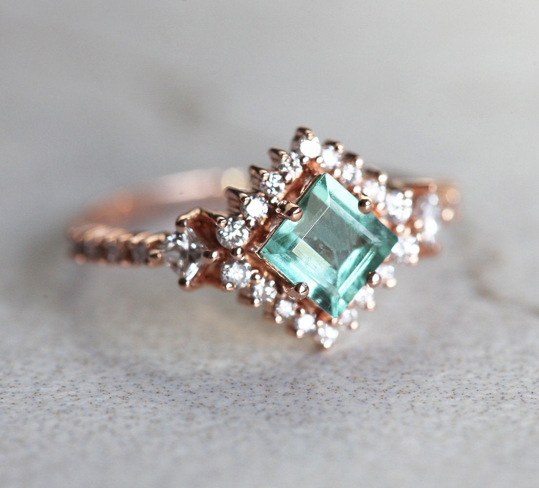 Paraiba Princess-Cut Tourmaline Cluster Ring with Side Princess-Cut and Round White Diamonds