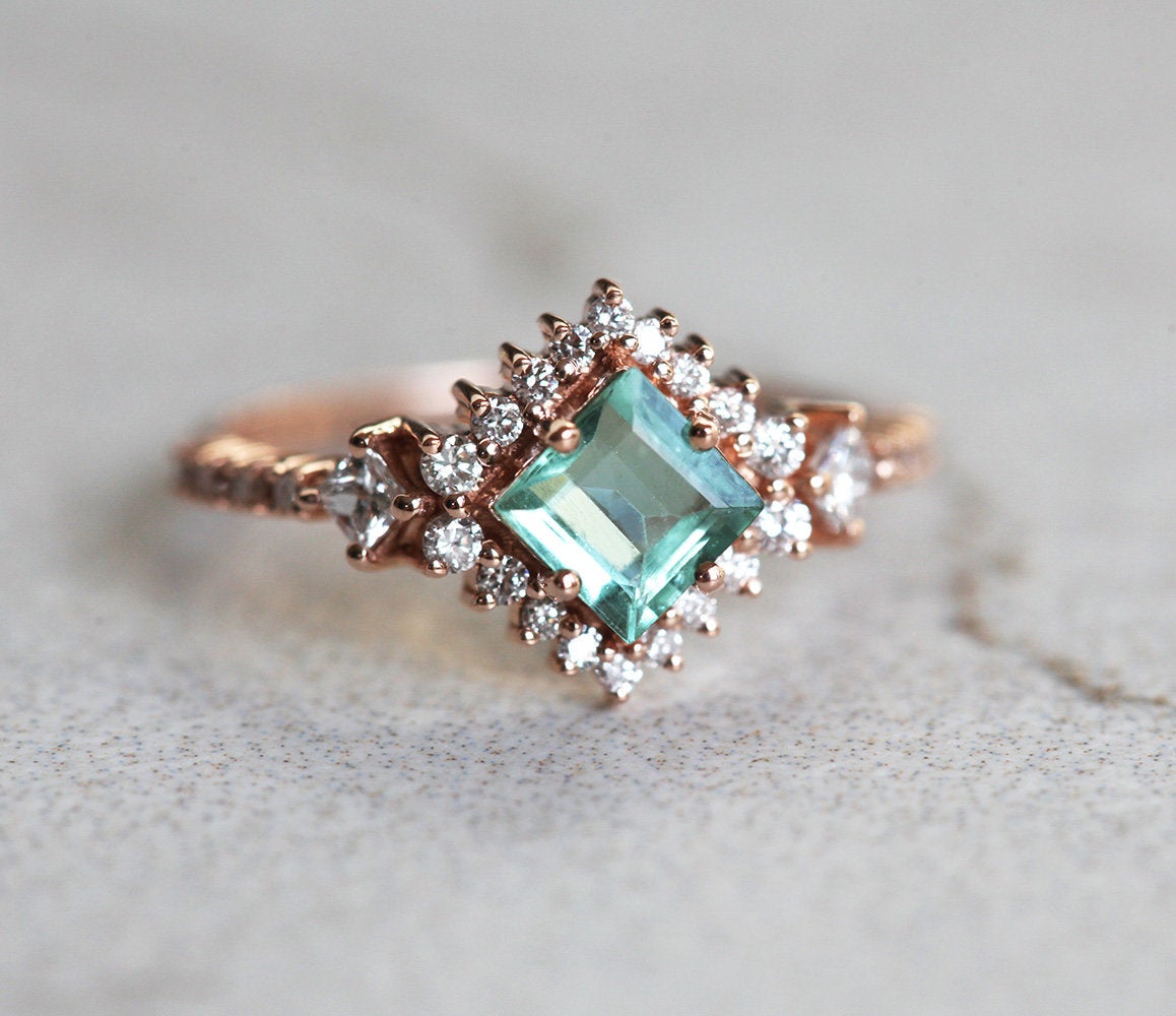 Paraiba Princess-Cut Tourmaline Cluster Ring with Side Princess-Cut and Round White Diamonds