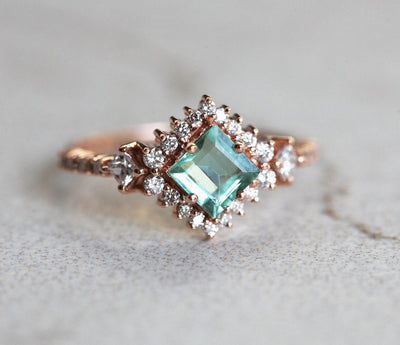 Paraiba Princess-Cut Tourmaline Cluster Ring with Side Princess-Cut and Round White Diamonds