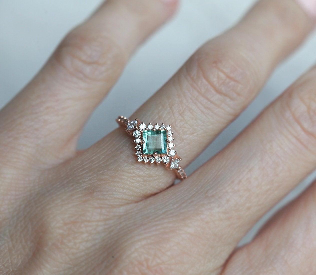 Paraiba Princess-Cut Tourmaline Cluster Ring with Side Princess-Cut and Round White Diamonds