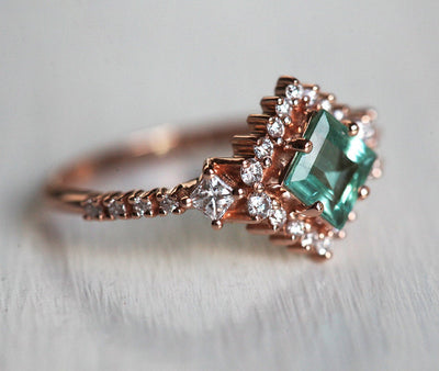 Paraiba Princess-Cut Tourmaline Cluster Ring with Side Princess-Cut and Round White Diamonds