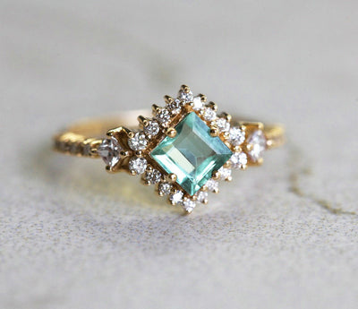 Paraiba Princess-Cut Tourmaline Cluster Ring with Side Princess-Cut and Round White Diamonds