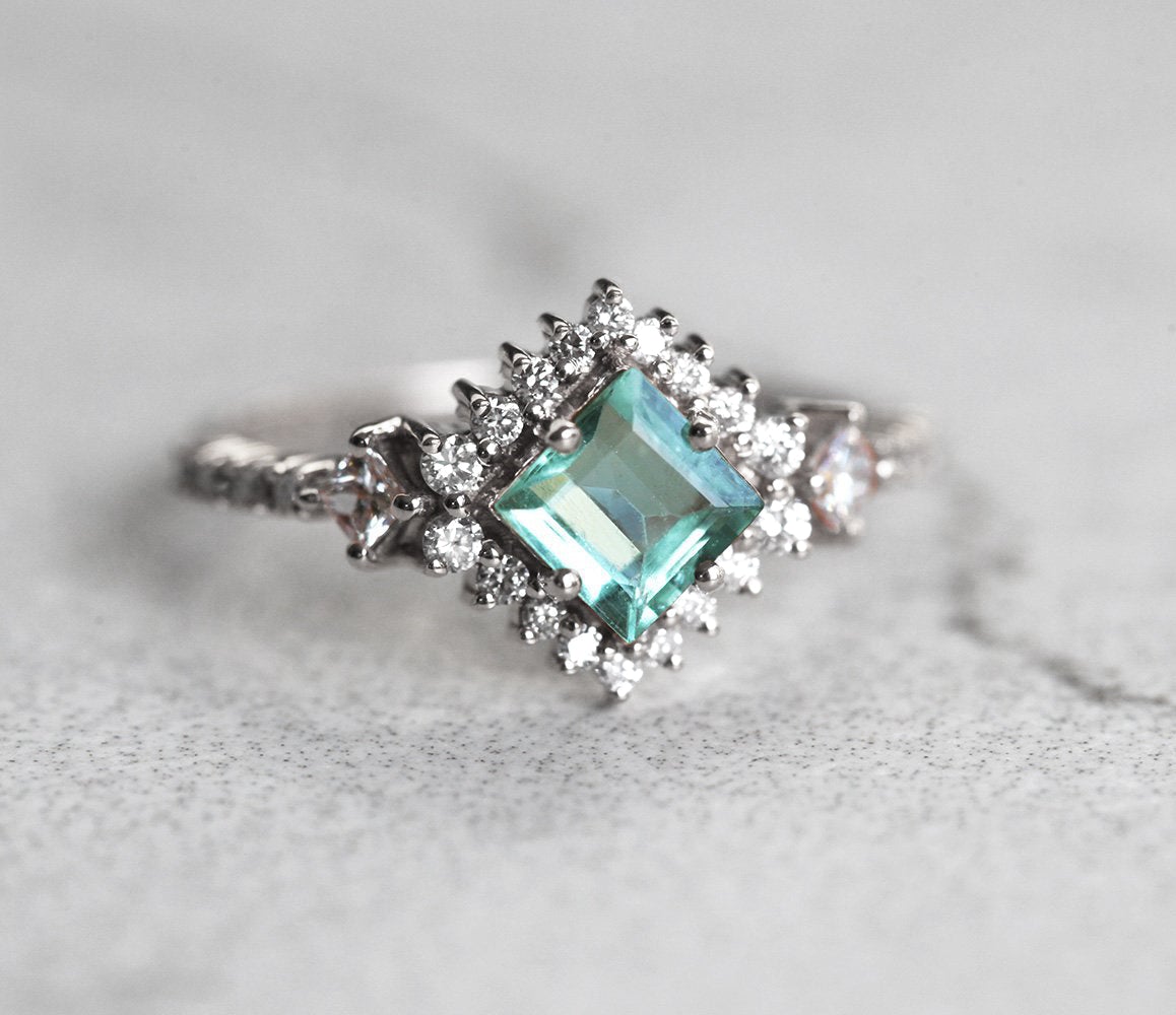 Paraiba Princess-Cut Tourmaline Cluster Ring with Side Princess-Cut and Round White Diamonds