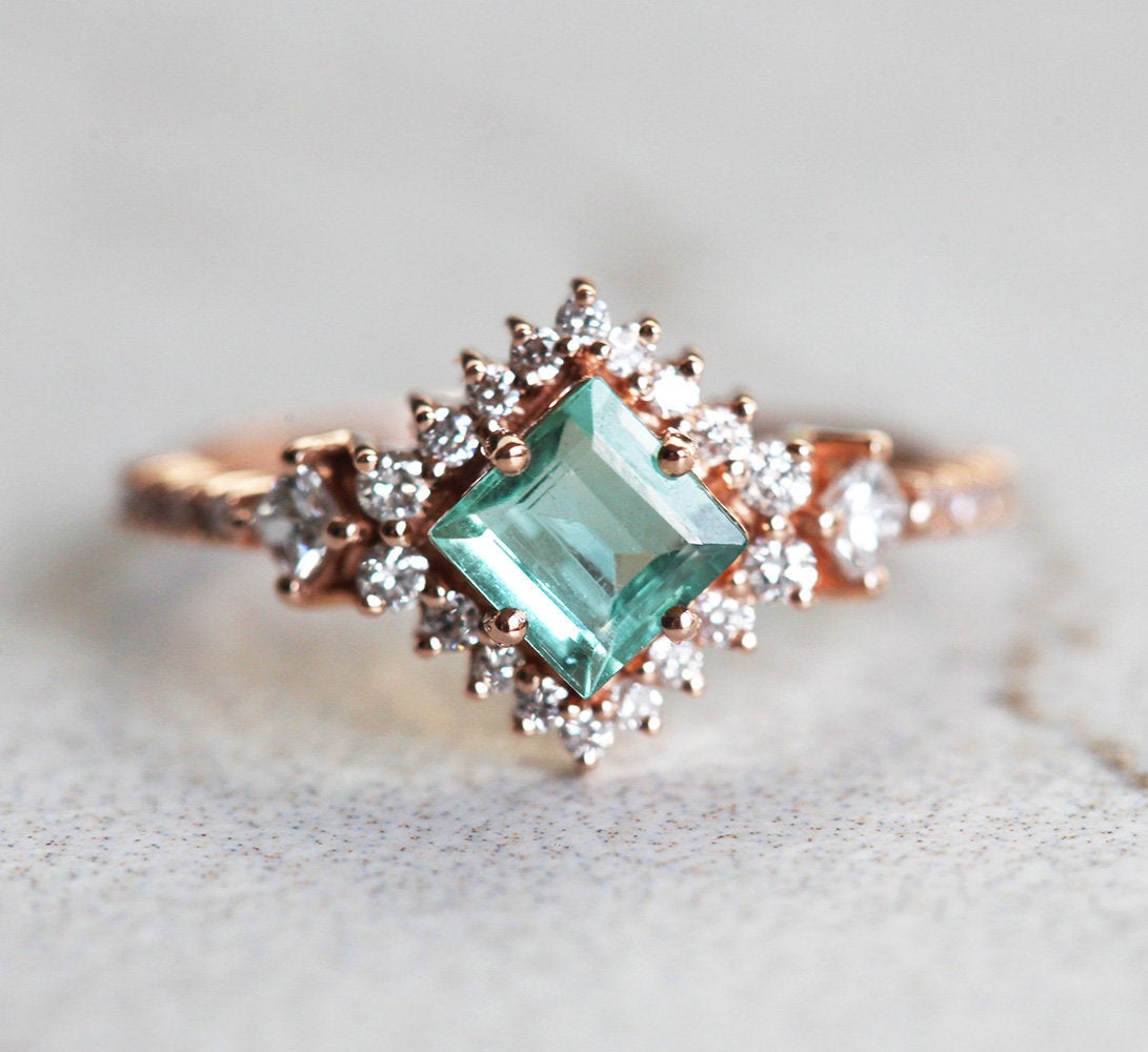 Paraiba Princess-Cut Tourmaline Cluster Ring with Side Princess-Cut and Round White Diamonds