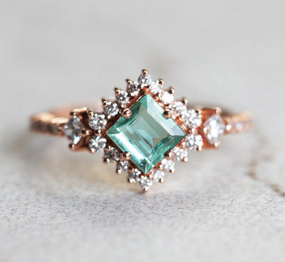 Paraiba Princess-Cut Tourmaline Cluster Ring with Side Princess-Cut and Round White Diamonds