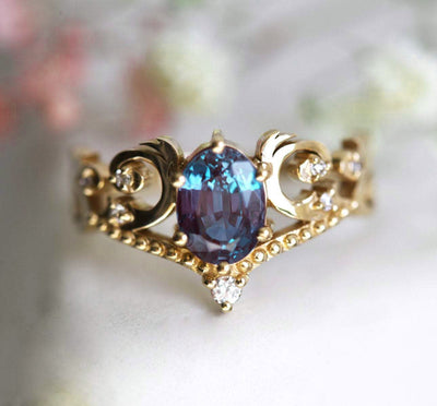 Teal Oval Alexandrite, Vintage Yellow Gold Ring with Side Round White Diamonds