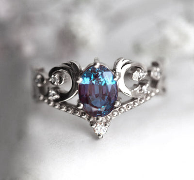 Teal Oval Alexandrite, Vintage White Gold Ring with Side Round White Diamonds