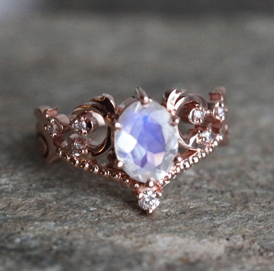 White Moonstone, Vintage Rose Gold Ring with Side Round White Diamonds